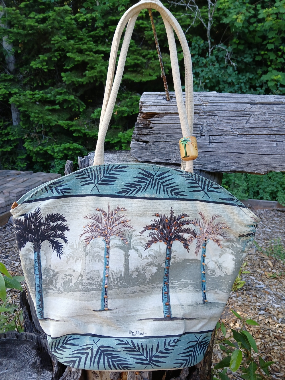 VTG Paul Brent Sun 'N Sand Signature Beaded Palm Tree Canvas Tote Bag Beach Bag